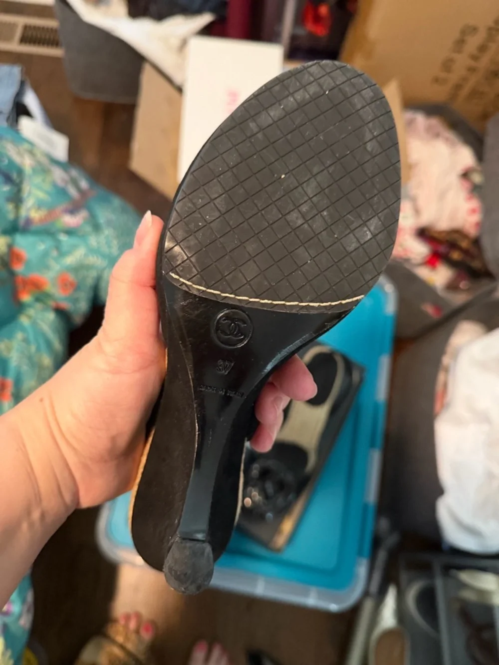 CHANEL Velvet Patent Camellia Espadrilles Wedge Sandals 37 Black